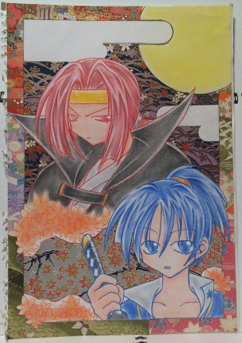 【手描きイラスト 313】ファンアート原画中色紙「花吹雪 桃色の恋剣士」 めちゃ古い絵です…PC持ってない頃に描いた絵 1998～2000頃の絵だと思う