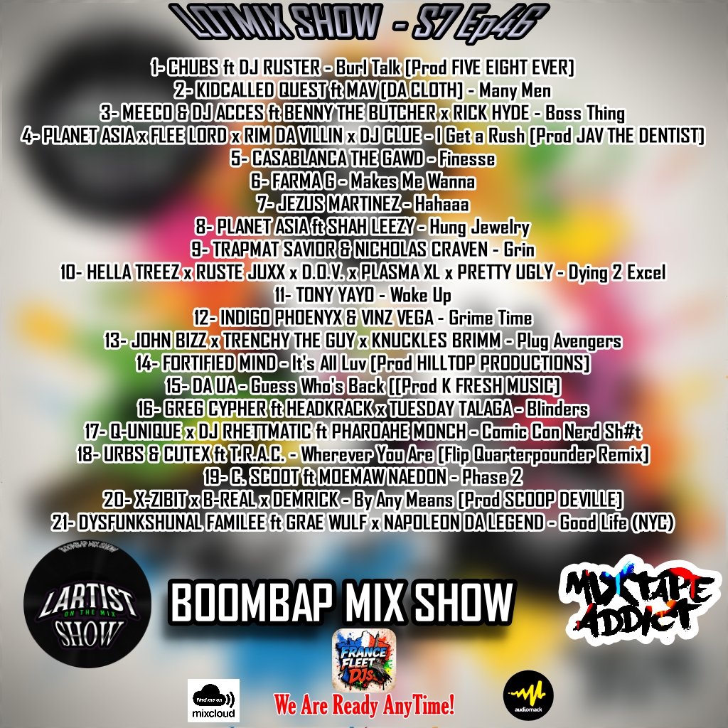 dj_Lotmix's tweet photo. 🚨NEW LOTMIX SHOW-S7Ep46 by @dj_lotmix ft @KiddCalledQuest @BennyBsf @Casathegawd @rustejuxx357 @DOVtoronto @TonyYayo @IndigoPhoenyx @fortified_mind  @quniquemusic @rhettmatic @xzibit @B_Real @IamDEMRICK @SCOOPDEVILLE @napoleon_legend &amp;more

🎧https://t.co/mrYld62elo https://t.co/A0jQaajhh3