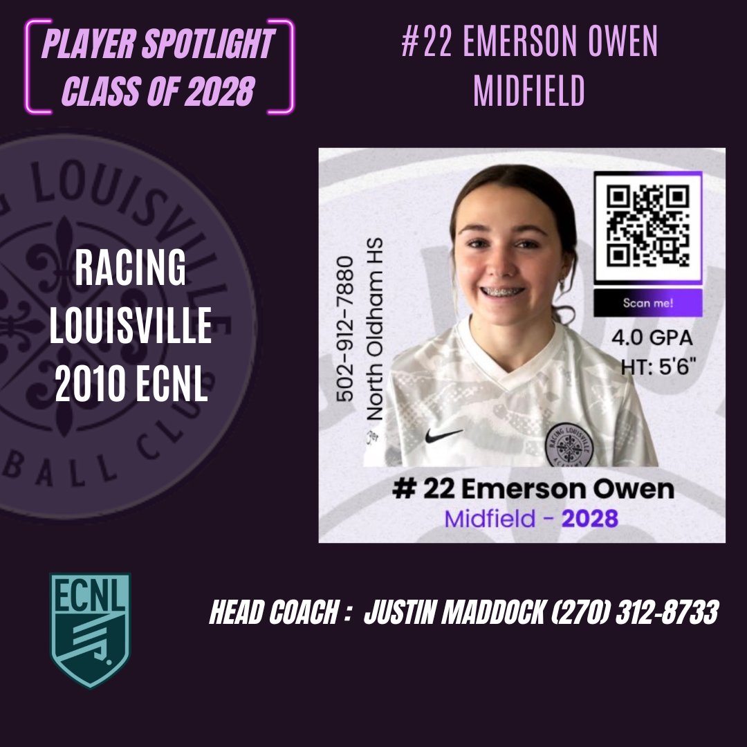 Racing2010ECNL's tweet photo. Class of 2028-#22 Emerson Owen
@LouCityAcademy @ECNLgirls @TheECNL 
@ImYouthSoccer @ImCollegeSoccer 
#ECNLNC #ECNL #Classof2028 https://t.co/g4xeOoWb9T