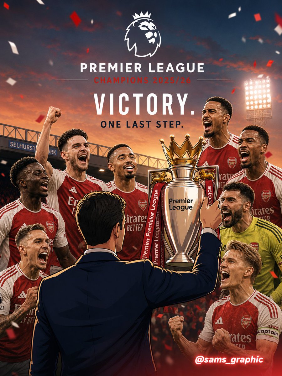 sams_graphic's tweet photo. One final battle.
One final step.
90 minutes between Arsenal and history at Selhurst Park. โค๏ธ๐
Pressure. Passion. Legacy.
This is what football is all about.
Whoโs your MOTM prediction for the final matchday? ๐๐
#Arsenal #COYG #PremierLeague #FinalMatchday #FootballArt https://t.co/GFWFWM86RI
