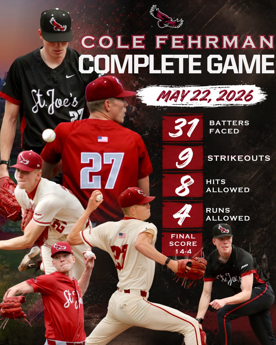 SJUBaseballData's tweet photo. WEEKEND HIGHLIGHT: Cole Fehrman threw a complete game on Saturday, May 22, against George Mason, leading the Hawks to the A-10 semifinal.

#THWND https://t.co/q8Wpsdu2QK