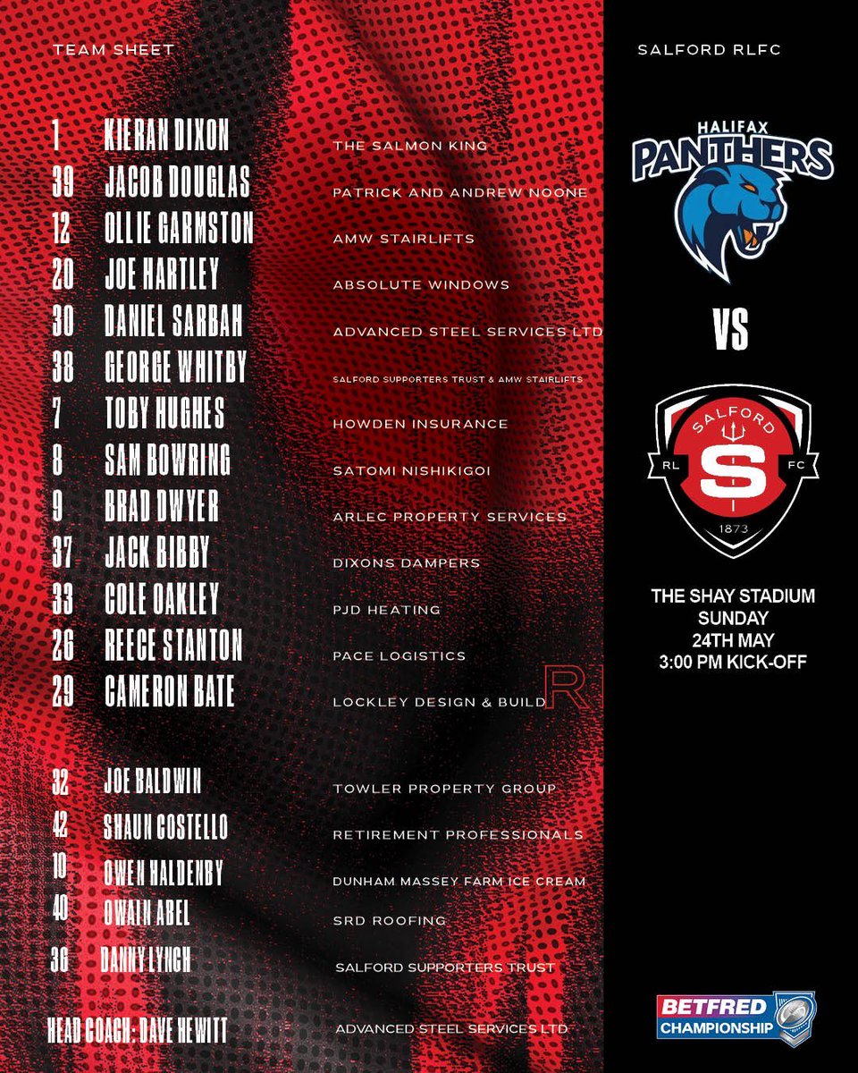 SCRSportszone's tweet photo. Team news for @Salford_RLFC trip to Halifax.Kieran Dixon starts at fullback, George Whitby and Toby Hughes are the halfbacks, Assistant coach Brad Dwyer starts at Hooker with Joe Baldwin on the bench. https://t.co/S34U9UIqkD