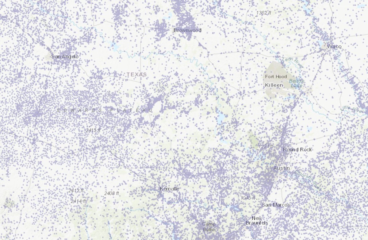 unfilled_order's tweet photo. 5/ The case at a small scale is fairly straight forward. Tens of thousands of water wells sit on private land across Texas. Each purple dot is a water well, with a good portion being dormant for years and generating zero income for the landowners who own them. https://t.co/3WddgMSV8v