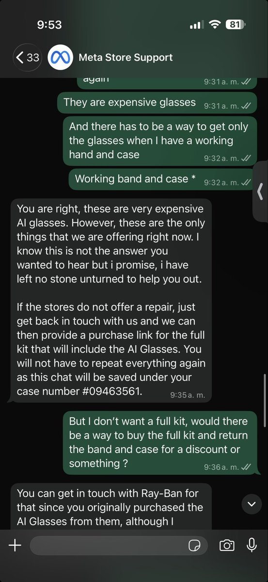 hernan_078's tweet photo. @boztank @GabeAul @alexeheath @SadlyItsBradley @matteo311 my meta Ray ban display broke and meta support is only telling me to buy them again. With the band and case , they don’t offer nor sell replacement glasses . How does this make sense ?  I need help ! https://t.co/ooA1fDm9fo