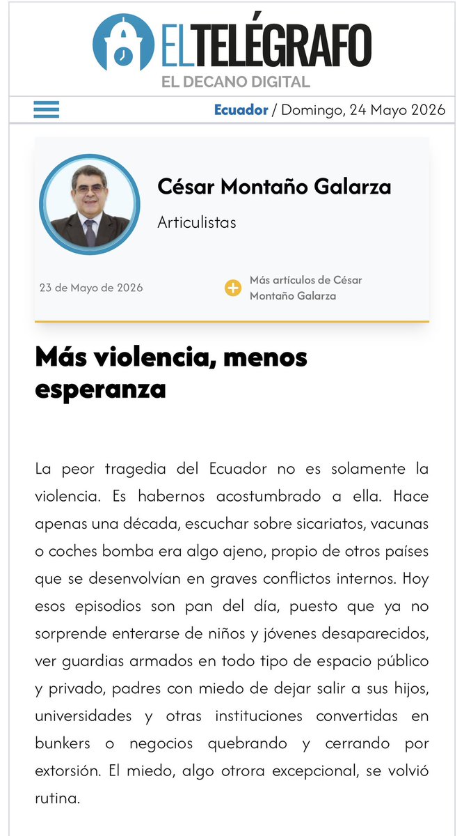 cesarmontanog's tweet photo. 📌Comparto mi columna de opinión: “Más violencia, menos esperanza”. Un grave y lacerante problema penosamente es parte de nuestra realidad nacional, por lo que se requiere reaccionar y recuperar la esperanza.
@el_telegrafo #violencia @uasbecuador 
👉🏼 https://t.co/PnZOmbBvDa https://t.co/qAbIjdN0Xc