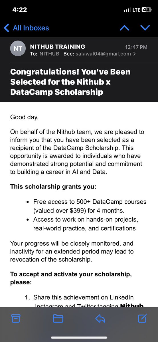 only1_aremu's tweet photo. Somebody shout powerrrr! I received an email yesterday in response to my application for an internship at @nithub_lag X @DataCamp . I’m very grateful for this exciting opportunity. Cheers to growth and making impact ✨🛠️

#dataanalytics #buildinginpublic #growth https://t.co/GVzuy31fLy