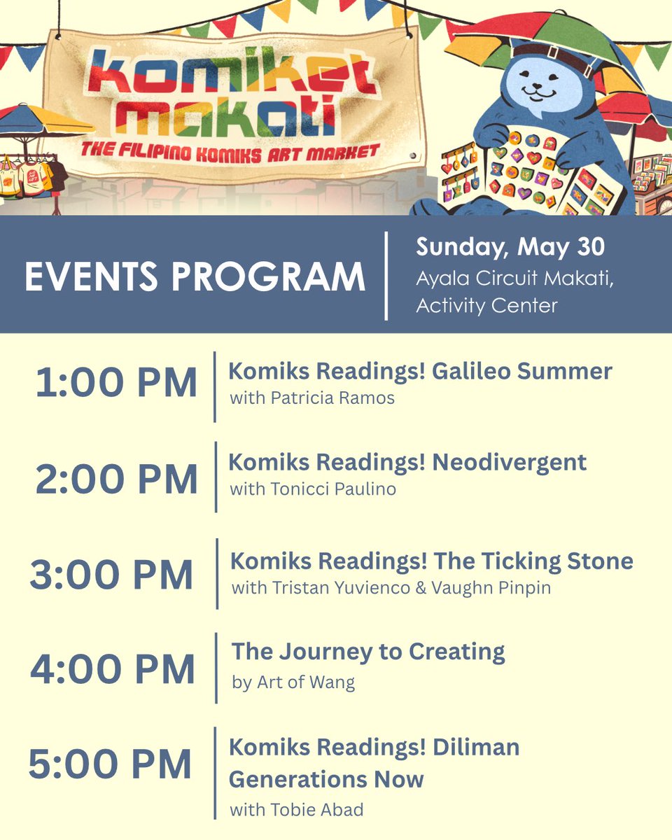 KomiketPH's tweet photo. Summer is up, so keep it cool and keep it chill at the Filipino komiks art market! 

Tune in on our afternoon Komiket sessions with comics readings, comics pre-launch, art talks, &amp; creators presentations here at #komiketmakati. https://t.co/FBepIAnSHo