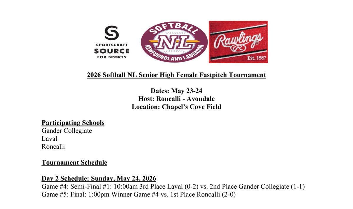 SoftballNL's tweet photo. 2026 Senior High Female Fastpitch Tournament

The 2026 Senior High Female Fastpitch Tournament Concludes Today With The Semi-Final Scheduled For 10:00am And The Championship Game Scheduled For 1:00pm In Chapel's Cove. https://t.co/1qyItW4eBE