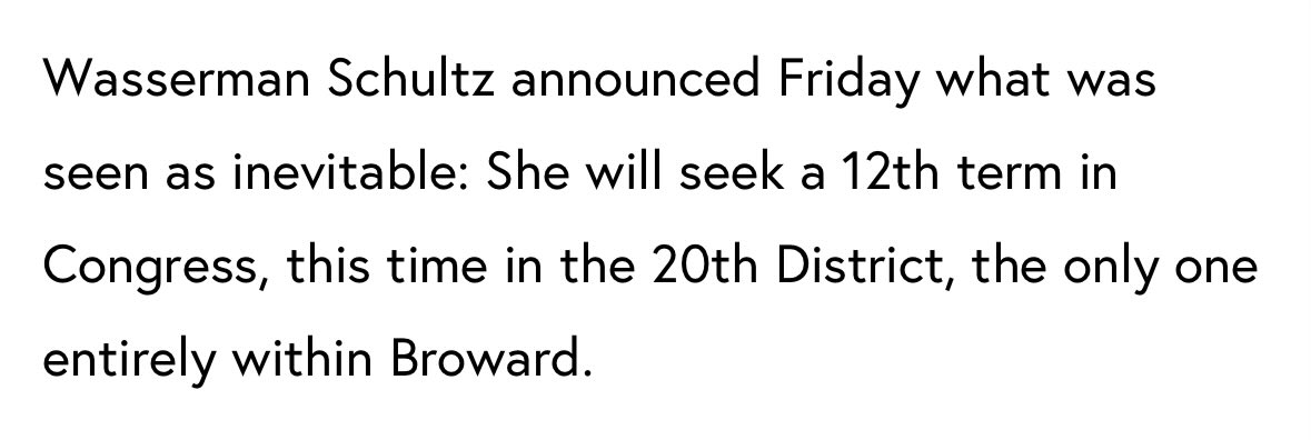 JoeBirder's tweet photo. @fred_guttenberg @RepDWStweets This right here is the problem. She wants to be in Congress for 24+ years? Justify it with something other than vague notions of “seniority” and “clout”. Where are her results? https://t.co/8UjRB6gwHK