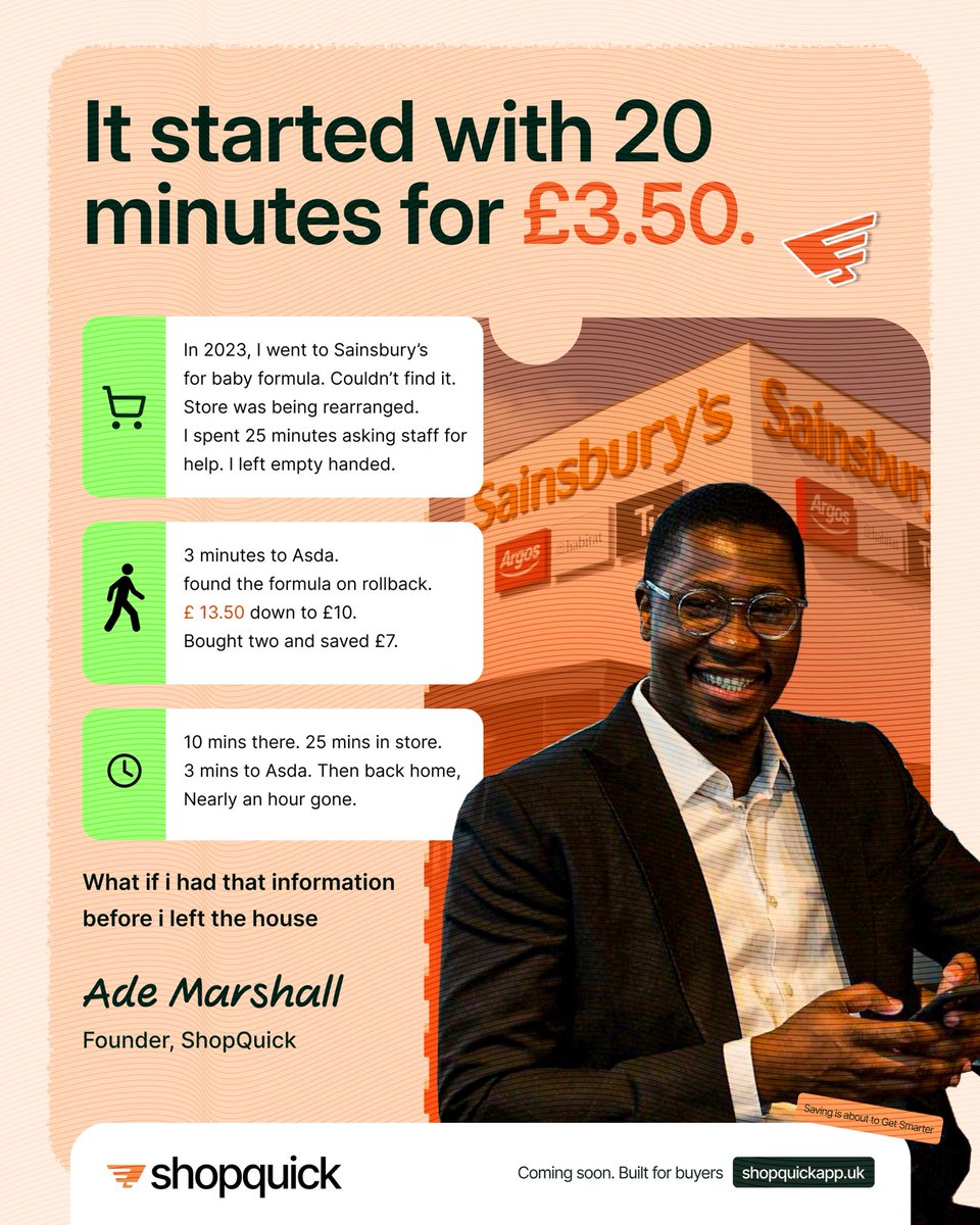 adehendrixxx's tweet photo. I spent nearly an hour trying to buy baby formula in 2023.

Wrong store. Wrong timing. Wrong pricing.

That experience became ShopQuick.

We are building a buyer aligned grocery intelligence platform.

#FounderStory #RetailInnovation #GroceryTech #ConsumerAI #CostOfLiving https://t.co/npI1xgB1ag