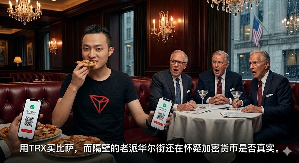 Lexxarry's tweet photo. @trondaoCN 披萨节最有意思的一点就是，它总能让人重新想起：
当年大家觉得“不现实”的东西，现在已经慢慢变成现实。

以前没人会想到，有一天真有人拿 $TRX 在现实里消费。但现在再看，这种画面甚至开始有点日常了 https://t.co/ti9fxcVjlM