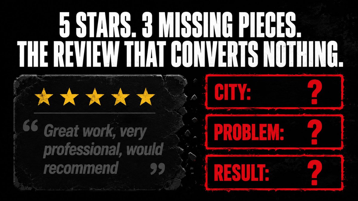 jaykellydesigns's tweet photo. "Great work, very professional."

No city. No problem. No result.

That review is costing you jobs.

https://t.co/OFQ1ageK21 

#HighDesert #GoogleReviews #ContractorMarketing https://t.co/zWQA89AMpH