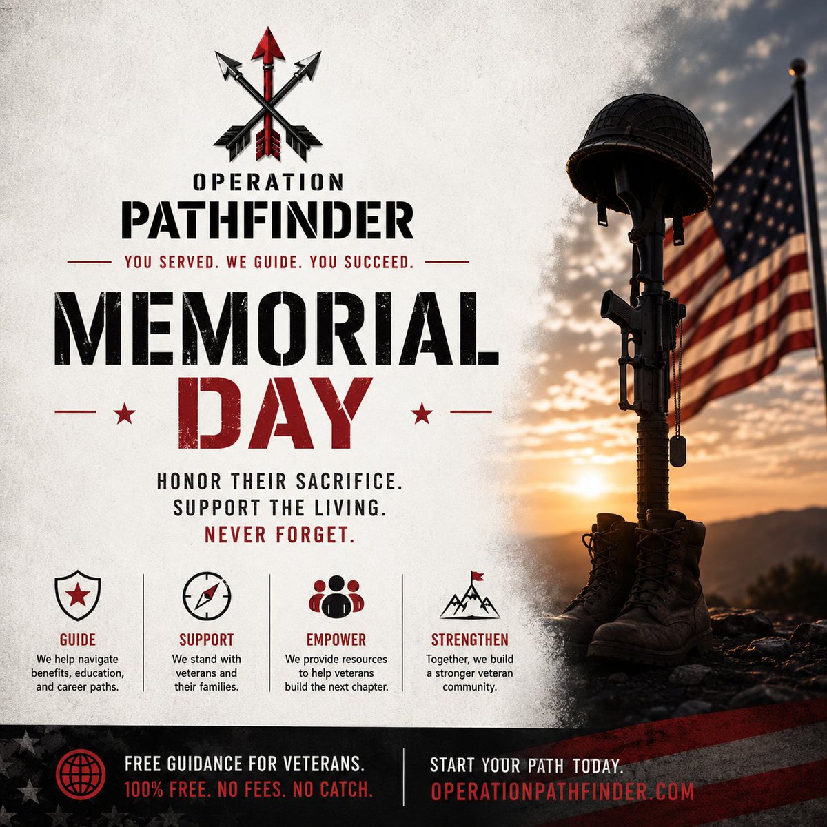 OPforveterans's tweet photo. 🇺🇸 Memorial Day is for the heroes who never made it home.

Honor the fallen. Support the living. Never forget.

https://t.co/AHRuJoFzt2

#MemorialDay #Veterans #OperationPathfinder #NeverForget https://t.co/wdVRmSeWqM
