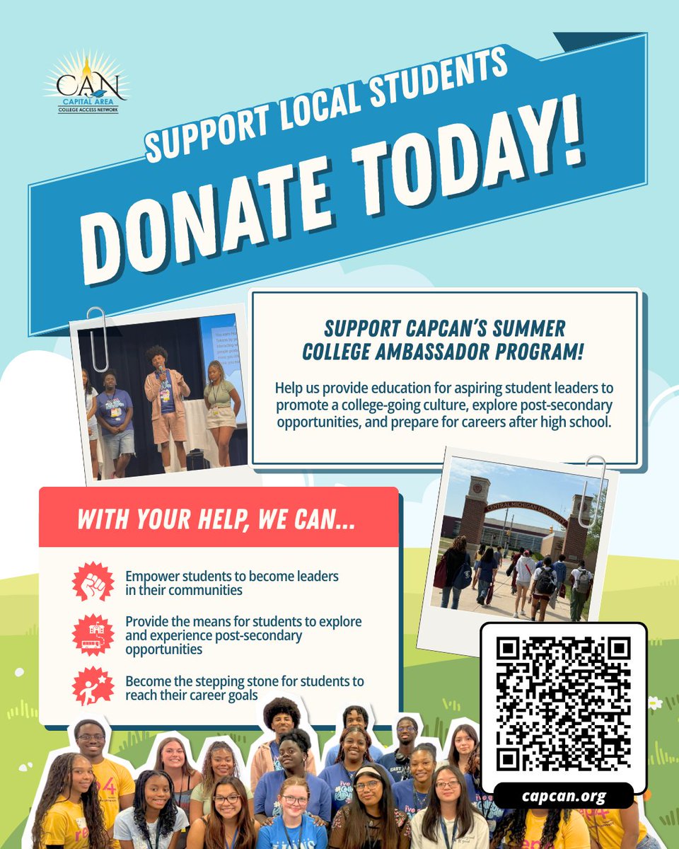 CapitalAreaCAN's tweet photo. We are excited to begin another college access-filled summer with our new cohort of college ambassadors in June! Support these rising high school seniors with a donation so we can continue to provide them food and transportation.

🔗Donate: https://t.co/bLGkIpsyBU https://t.co/M7JrPJFu7p