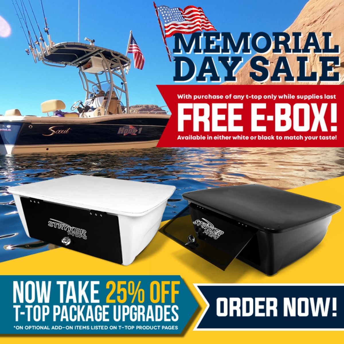 StrykerTTops's tweet photo. 🇺🇸 Memorial Day Sale is officially LIVE

✅ FREE E-Box with any T-Top purchase (choose white or black)
✅ 25% OFF all T-Top package upgrade add-ons
✅ Locking storage to keep your gear secure and dry

👉 Configure your T-Top: https://t.co/tcbk3EEIIS https://t.co/hHkN333BEX