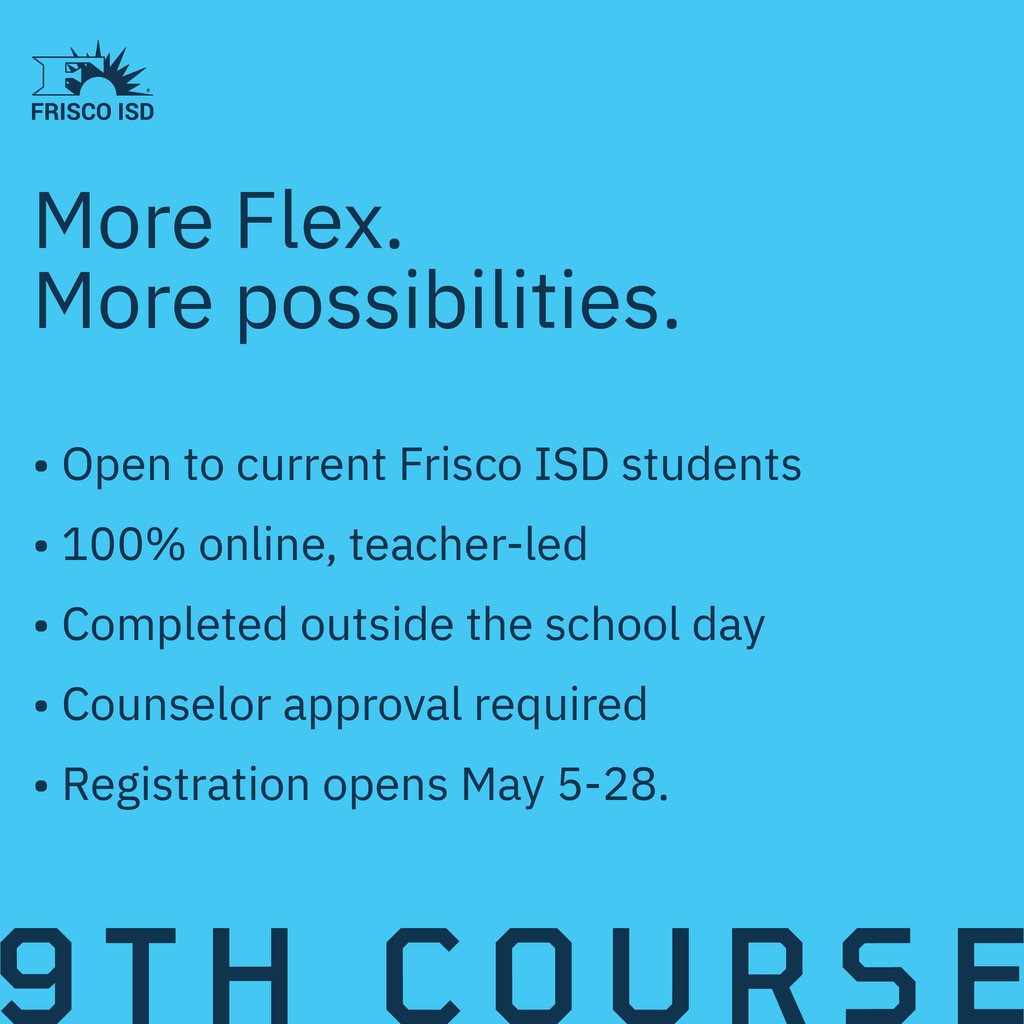 EHSFrisco's tweet photo. Still need flexibility in your schedule?

There’s only 4 days left to sign up for Frisco Flex 9th courses! Whether you’re double-blocked for athletics or fine arts, Frisco Flex gives you the chance to stay on track or try something new.

Get started at https://t.co/z97wdGxze5. https://t.co/utv6XxTVAt