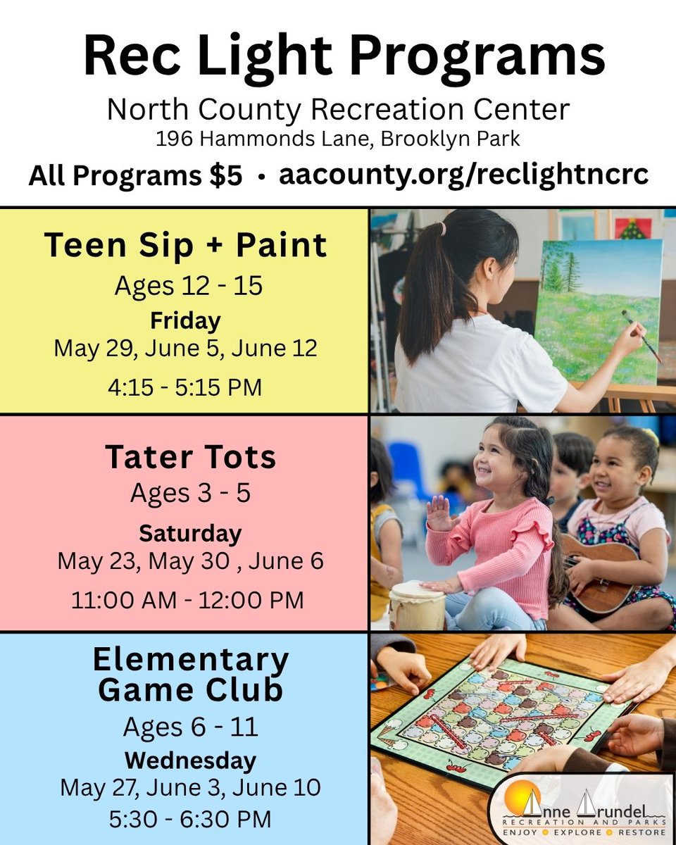 RecParks's tweet photo. 🎨🎲 Big fun, $5 budget! 🧩🥁

Check out Rec Light Programs at North County Rec Center:

🎨 Teen Sip+Paint (Ages 12-15) | Fri, 4:15 PM
🥁 Tater Tots Music (Ages 3-5) | Sat, 11:00 AM
🎲 Kids Game Club (Ages 6-11) | Wed, 5:30 PM

👇 Register now!
🔗 https://t.co/INaOv5cQmY https://t.co/ZasgUaWGl1