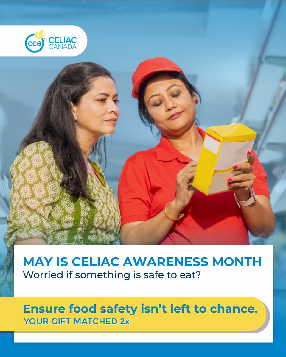 CCAceliac's tweet photo. May is Celiac Disease Awareness Month 
Learn how we’re keeping you safe. 

Support safer gluten-free labelling 
Your gift matched 2x 

Donate now: https://t.co/hzJ74FcWoF

#Celiac #CeliacAwarenessMonth #GlutenFree #CeliacCanada #DonateNow https://t.co/UC01blnoAN