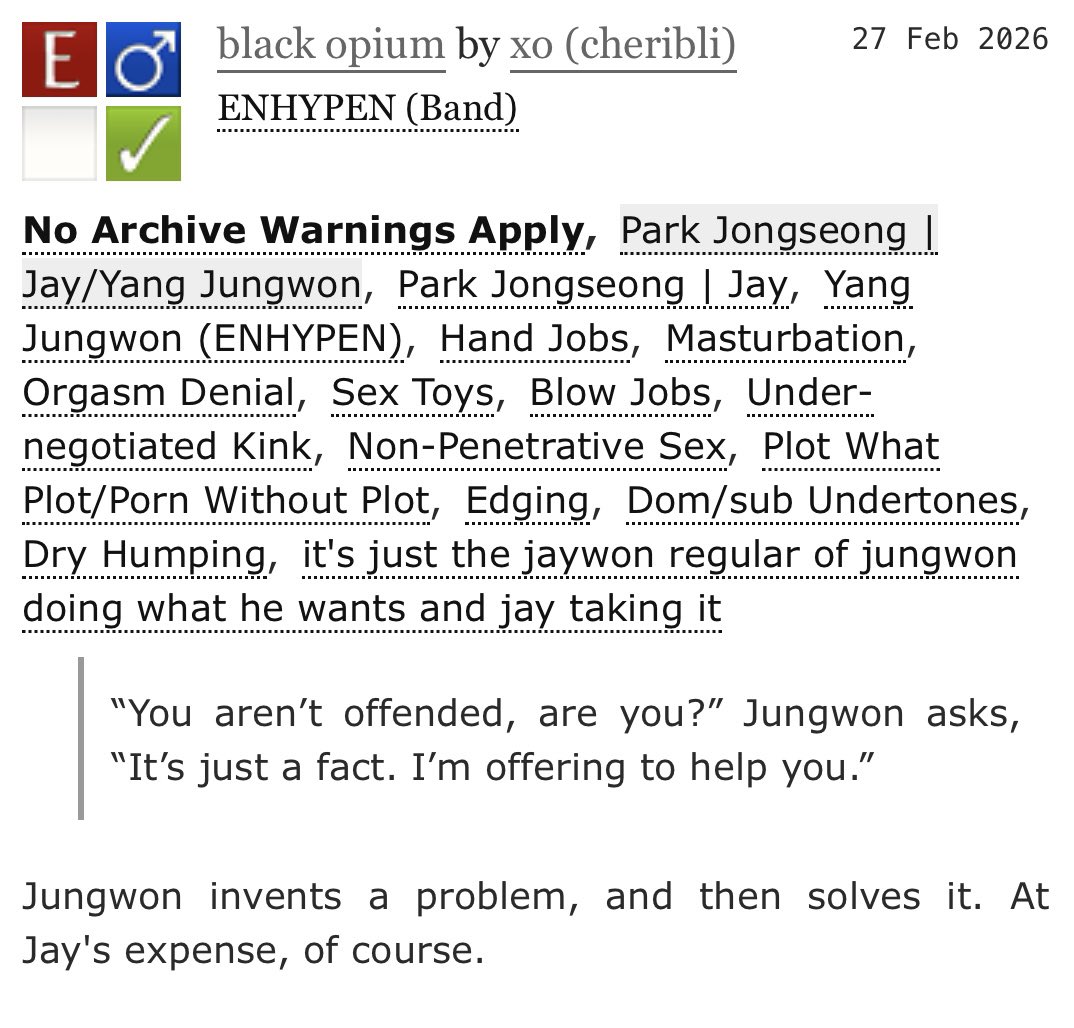 cheribli's tweet photo. black opium
jaywon, 2870 words
https://t.co/sJlE6sghMr https://t.co/leSjQFLSjq