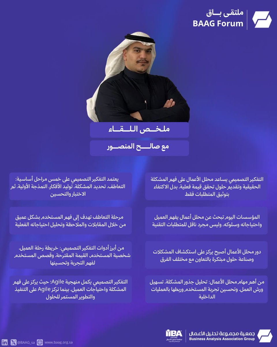 baag_sa's tweet photo. نشارككم أبرز ما جاء في لقاء “التفكير التصميمي ودوره في تطوير محلل الأعمال” مع صالح المنصور
حيث تم تسليط الضوء على أهمية فهم احتياجات المستخدم وتحويل التحديات إلى حلول مبتكرة تصنع أثرًا حقيقيًا. 🚀
#BAAG https://t.co/v1wrVezO24