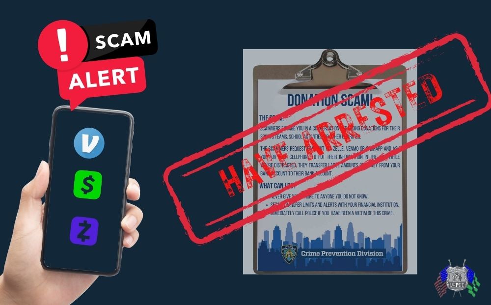 NYPD1Pct's tweet photo. Two days ago, our Business Team arrested three men trying to scam people for fake donations. NEVER hand your phone to a stranger, even if it sounds like it's for a good cause!  Call 911 if you've been a victim of a donation scam. https://t.co/FOrB2kZRGw