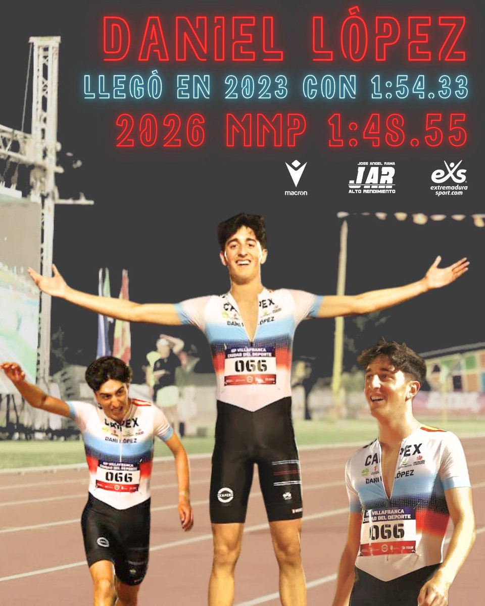 JOSNGELRAMGARC's tweet photo. 🔥 DEL 1:54.33 AL 1:48.55 EN 800ML, @Danilopezv_ 
El progreso real existe. Pero no llega rápido. Llega cuando hay trabajo, consistencia y compromiso diario.
Daniel López llegó en 2023 con una marca de 1:54.33 en 800m.
El pasado miércoles ⏱️ 1:48.55 MMP
Más de 5 segundos de mejora https://t.co/9F7omiKLQz