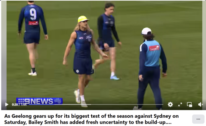 TheFiddler19's tweet photo. Why did Channel 9  dramatise or provide such misleading information about Bailey Smith injury scare last week?  To me he wore the non contact cap because he wasn't wearing shoulder stapping.  Any wonder why Chris Scott laughed at the news story and said he'll play. Very average by Channel 9 imo.
