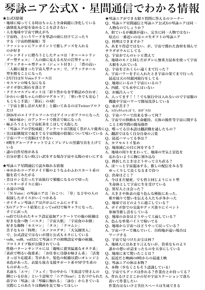 silk_fff's tweet photo. 昨日の声音の宴で頒布した琴詠ニアについてまとめた無料ペーパーをネットでも公開だよ。
1枚目は基本情報と創作で出すときにどういう軸でキャラ付けするとやりやすいかの情報、2枚目はこれまでの公式動画および公式Ｘから読み取れる情報の羅列だよ
みんなも琴詠ニアの二次創作をしよう！ https://t.co/3iEtkkBp2k