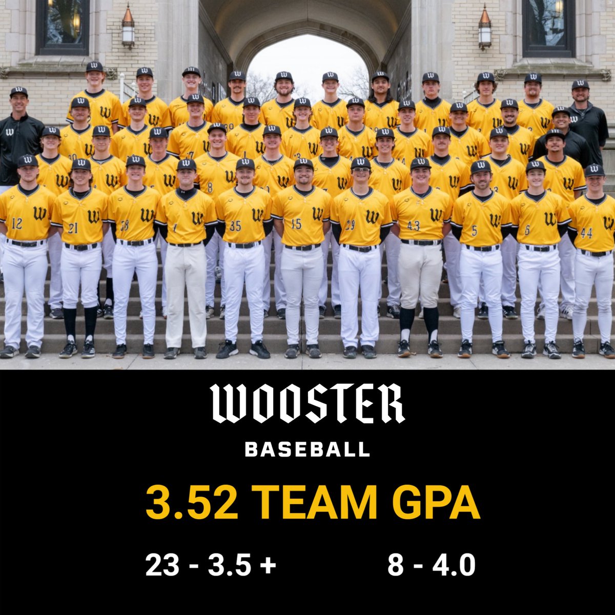 WoosterBaseball's tweet photo. Outstanding achievement by our players in the classroom. Spring semester GPA goal ✅ https://t.co/ACN2LRPhZD