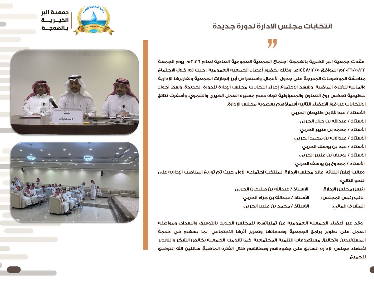 gmihhmgah's tweet photo. عقدت جمعية البر الخيرية بالهمجة اجتماع الجمعية العمومية العادية لعام 2026م، يوم الجمعة 2026/5/22م الموافق 1447/12/5هـ وذلك بحضور أعضاء الجمعية العمومية ، لإجراء انتخابات مجلس الإدارة للدورة الجديدة، وسط أجواء تنظيمية تعكس روح التعاون والمسؤولية تجاه دعم مسيرة العمل الخيري والتنموي.
#جمعية_الهمجة
#انتخابات