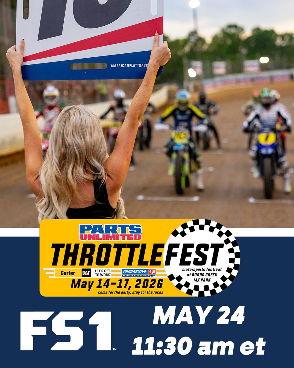 AmericanFlatTrk's tweet photo. Get ready, the FS1 broadcast premiere of ThrottleFest is coming up at 11:30 AM ET today, May 24 🏁
#FOXSports #FS1 #ThrottleFest #AmericanFlatTrack https://t.co/1yJXKaoiib