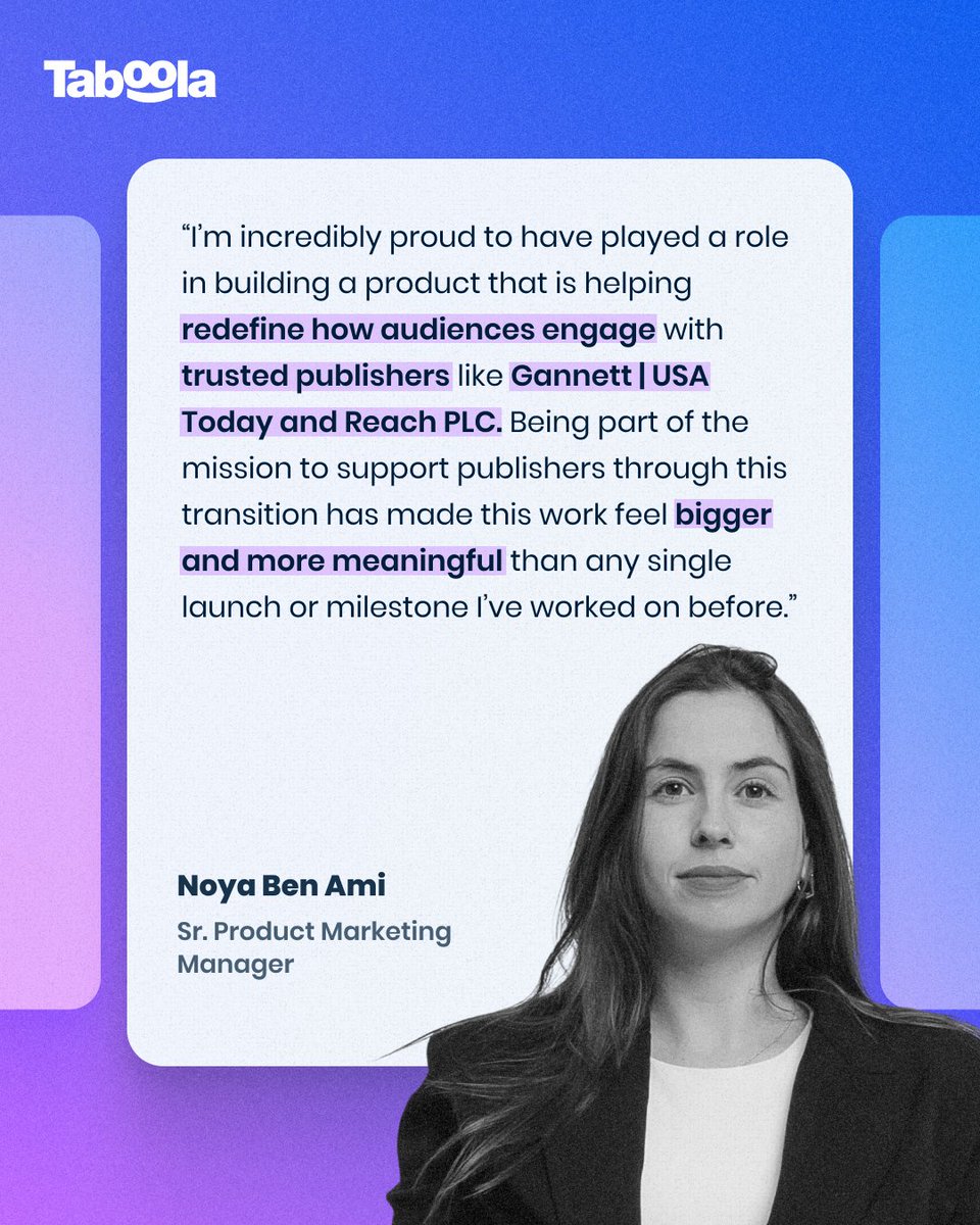 taboola's tweet photo. Building DeeperDive had us taking a deeper dive into the team behind the product.

From cross-functional collaboration to real, measurable impact on how publishers engage their audiences, take a look at what Taboolars Tamar, Noya, and Evangeline had to say about the moments that made this one worth building.

DeeperDive is Taboola's AI Answer Engine for the Open Web, and the people who built it are why it works.