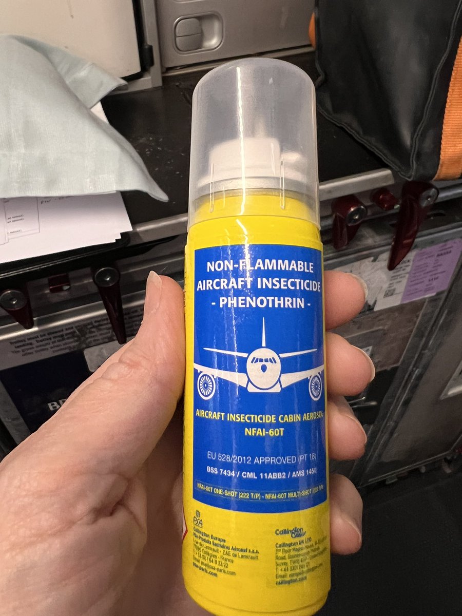 CalBuxton's tweet photo. @delbigtree Just arrived in Rome. The plane was sprayed with an insecticide before we took off. The flight attendant literally sprayed the entire plane over our heads. 
I asked them what it is. An insecticide. Mandated by the Italian government. Need to get @JeffereyJaxen on that story. https://t.co/Mvk2qmnojf