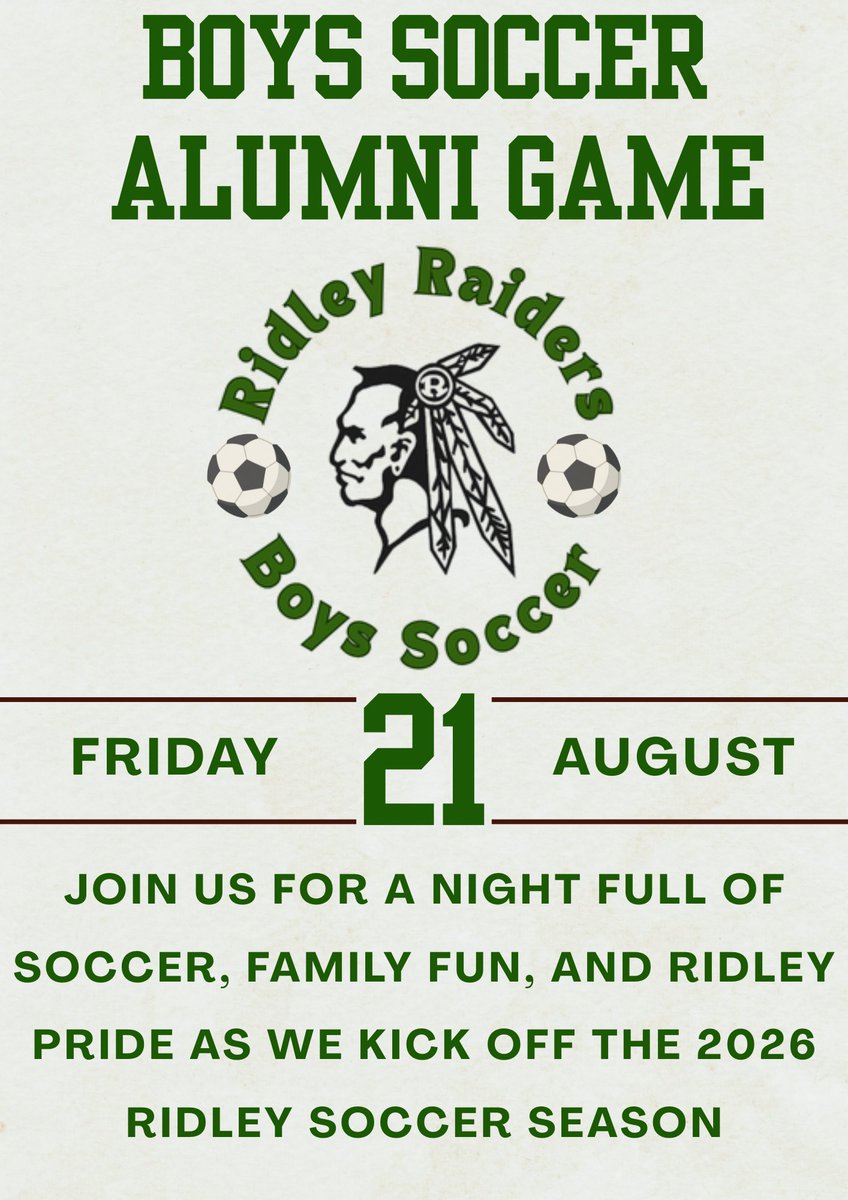 ridleysoccer_'s tweet photo. Calling all Ridley boys soccer alumni! 
Join us to kick off the 2026 season and connect our current program with the guys from years past! 

Fill out the interest form at the attached link 

https://t.co/7hFRJWWAwa https://t.co/GOFnKIYNDl