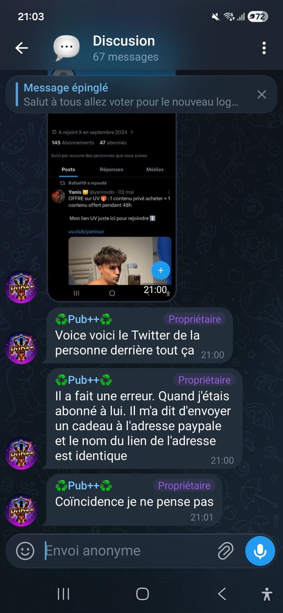 eljack2oof's tweet photo. @Lenydptuv On ha trouver la persone qui ce cache deriere les uv de leny,yanis, marceau et autre Il a fait une erreur tout à l'heure. Il m'a demandé si j'envoyais un cadeau à un paypal et c'est le même nom que le lien du pypale https://t.co/VpxZGcqb6y