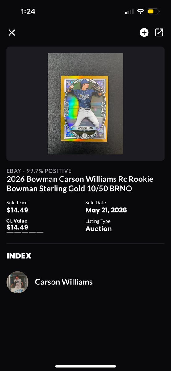 TheSlabLab27's tweet photo. Pulled a Carson Williams Bowman Sterling Gold 10/50… looked up comps and apparently someone else already sold the exact same 10/50. How’s that work? @CardPurchaser https://t.co/yjl8xRN70h