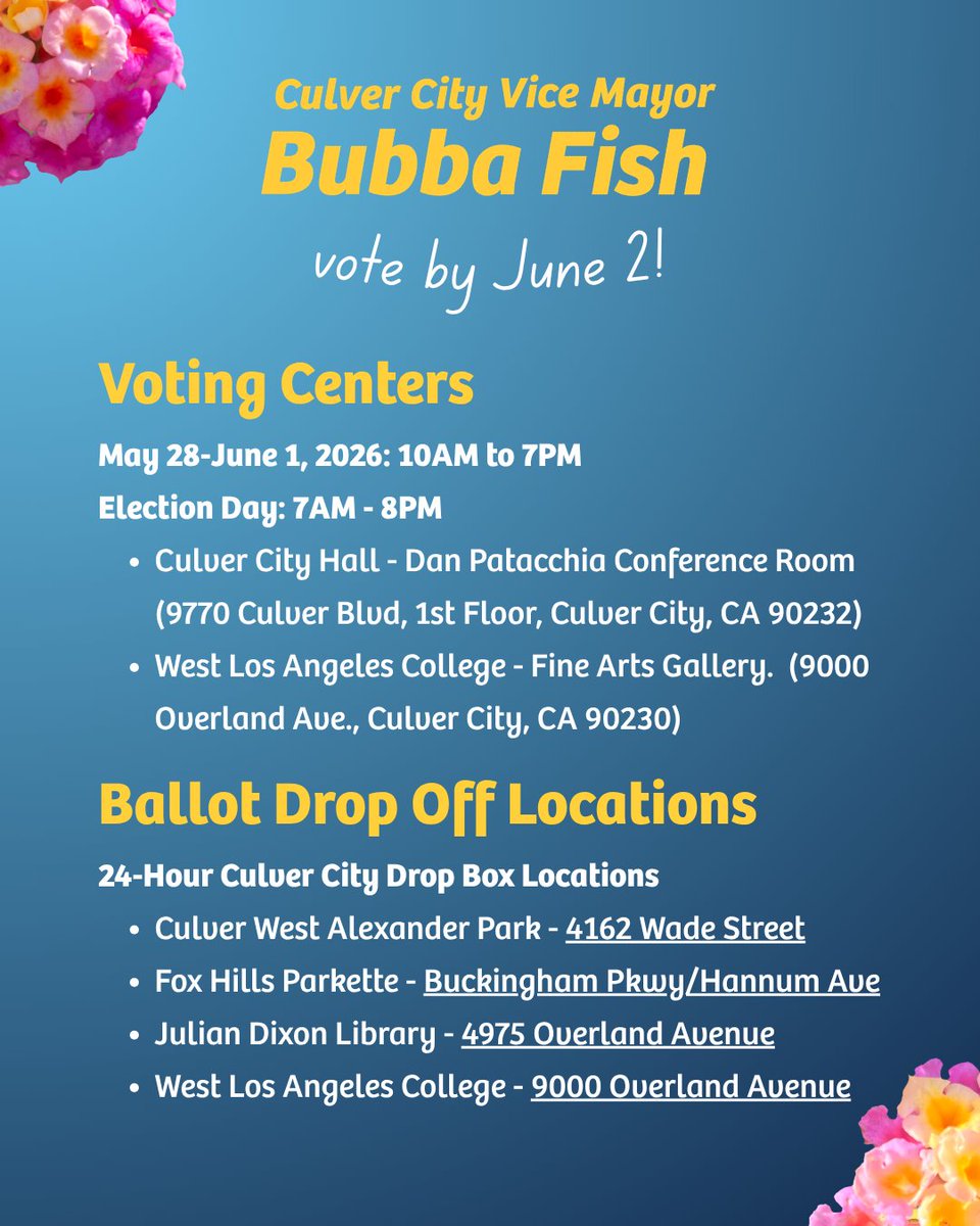 bubbathefish's tweet photo. And here's where you can vote in Culver City! https://t.co/47OFdaVnbs