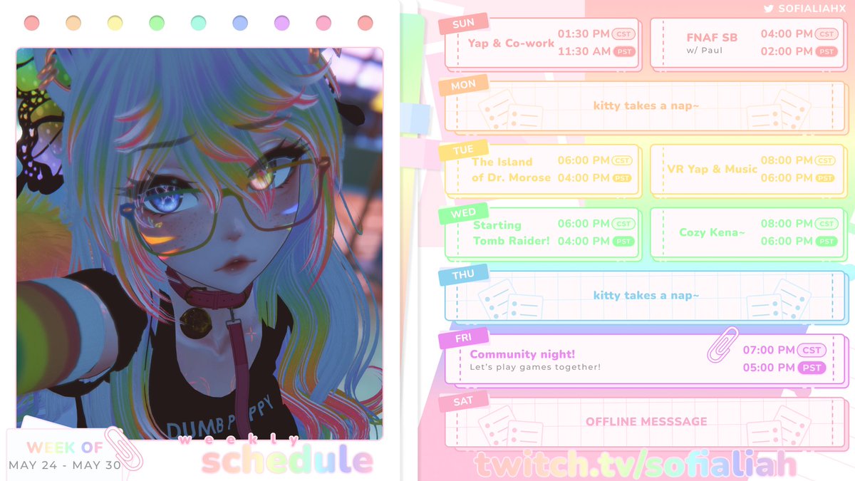 sofialiahx's tweet photo. ⊱ 🦋 Schedule for May 24 - May 30 !! 🌈 ⊰

~ lots of games &amp; fun stuff planned this week so stay tuned!!

Join the Discord!: https://t.co/UmZyy6Fz9m
Twitch!: https://t.co/kc9qGCuM6p https://t.co/sPkM2eqXji