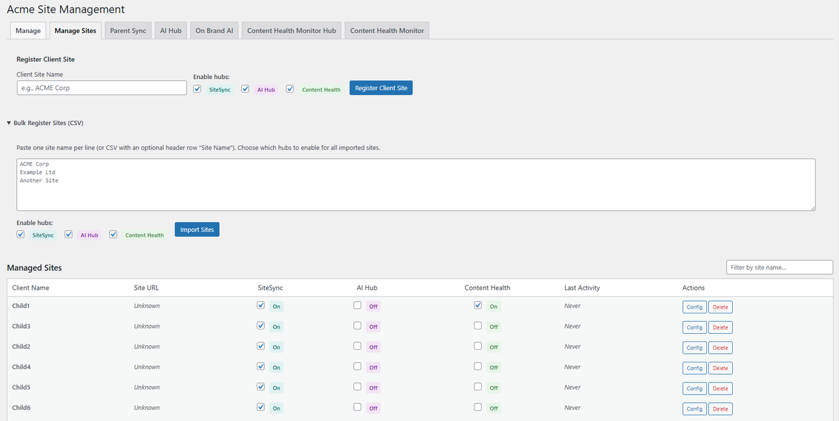 ToggleWP's tweet photo. Feedback from the pilot partners is really helping to shape ToggleWP. 

As it grew from Site Sync, to AI, then Content Health, site management was a bit clunky. With the next major update the "Manage Sites" tab will handle the heavy lifting, the other tabs control the settings. https://t.co/VjjQa8dhK1