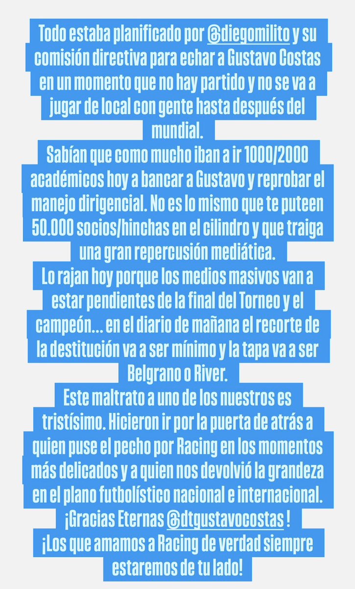 mbazzetta's tweet photo. ¡Gracias Eternas @DTGustavoCostas !
#AndateMilito https://t.co/HPybuEufrQ