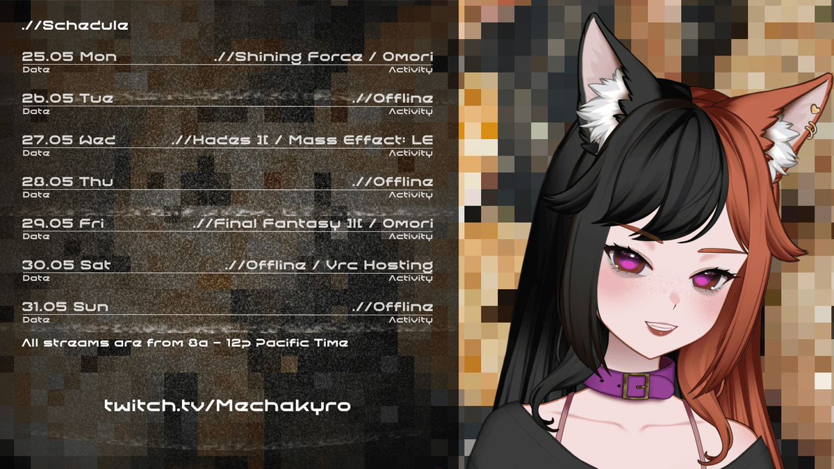 MechaKyroVT's tweet photo. Behold! My schedule for the upcoming week. And yes the background is pixelated pan fried shrimp. Shining Force will be done on original hardware - Sega Genesis. I will try posting more random interesting stuffs. Feels "empty" to just do schedules and go-lives. Enjoy~ https://t.co/uMQU1QyseB