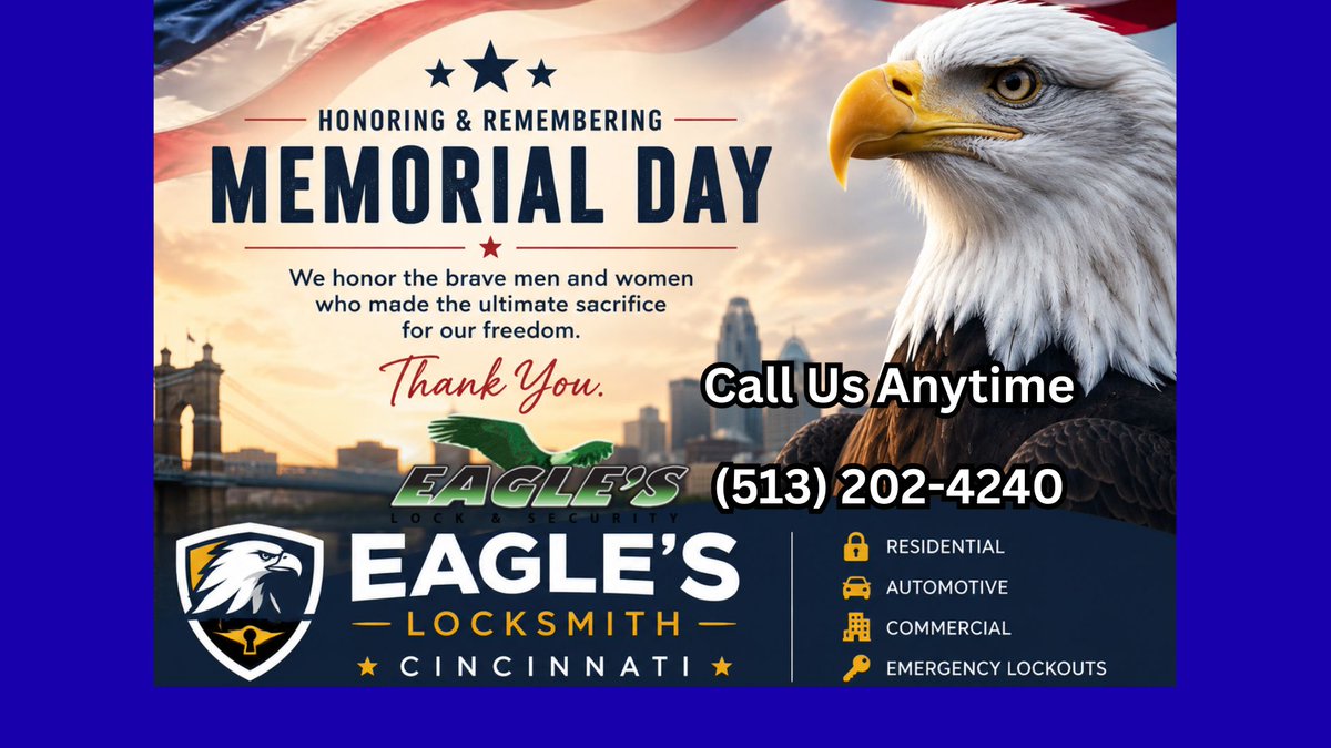 Eagleslock's tweet photo. 🇺🇸 To those who served and sacrificed — thank you. We will never forget.

Happy Memorial Day from Eagle's Locksmith. While you enjoy this holiday weekend, we're here if you need a rekey, lock upgrade, or emergency lockout help in the Milford area. 🔑
Call Us Anytime (513) 202-4240

https://t.co/rSdlujGvI8
https://t.co/Ah5jDPd6AZ

#MemorialDay #EaglesLocksmith #CincinnatiLocksmith #HonorAndRemember