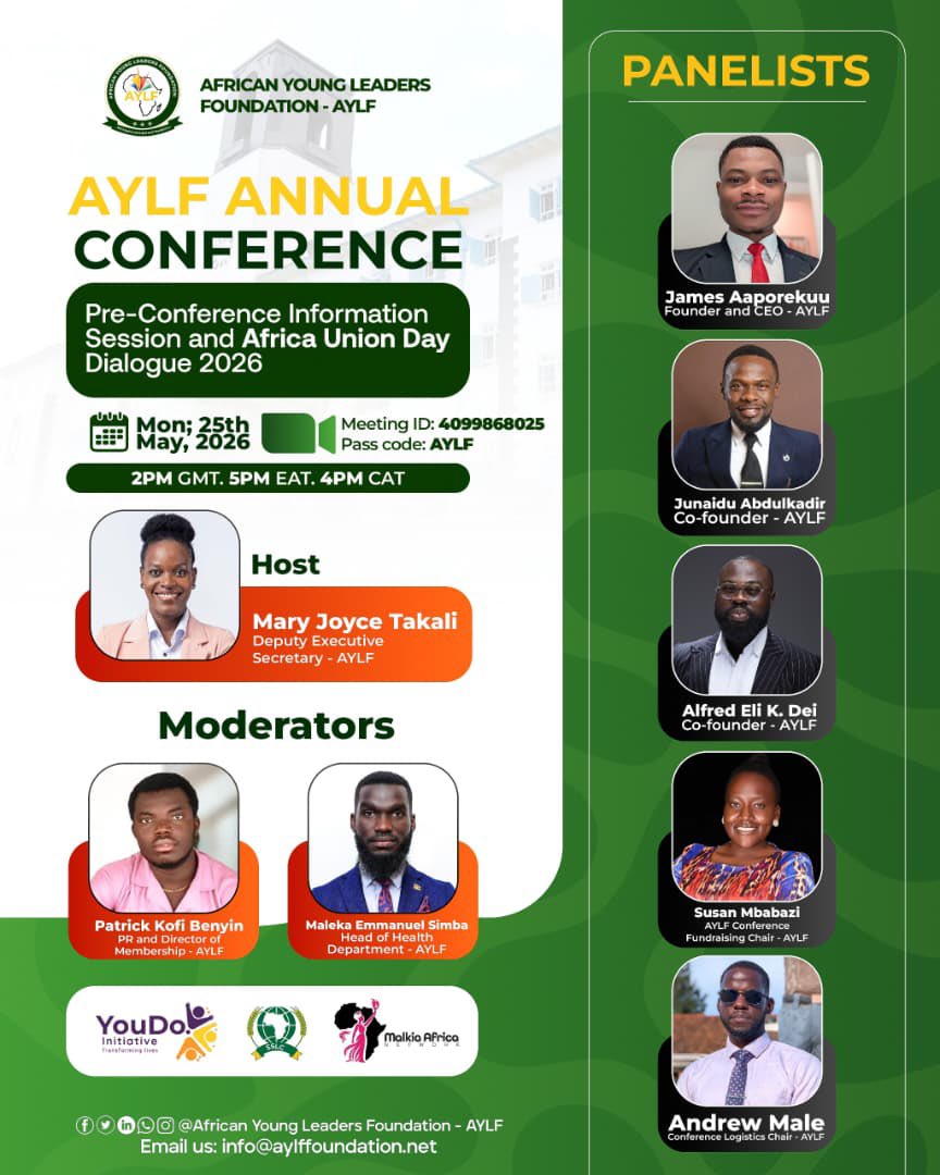 AYLF_Foundation's tweet photo. African Union Day is not just a date on the calendar. It is a reminder of Africa’s shared history, common struggles, collective identity, and the dream of a united and transformed continent.

Register here:
https://t.co/D9G0g5g8Ji

Meeting ID: 409 986 8025
Passcode: AYLF https://t.co/WZbDsXBTAU