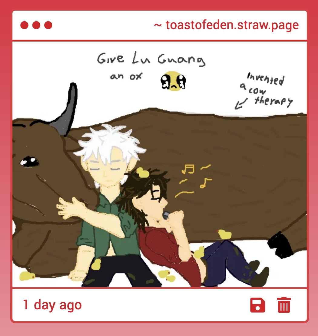 ToastOfEden's tweet photo. Oh to be Lu Guang's therapy bovine getting cuddled in a field being serenaded by a man with a harmonica surrounded by peeping baby chicks.....

Anon this is so cute, I cradle your doodle in my hands 🤲 https://t.co/TVpbDykqNl