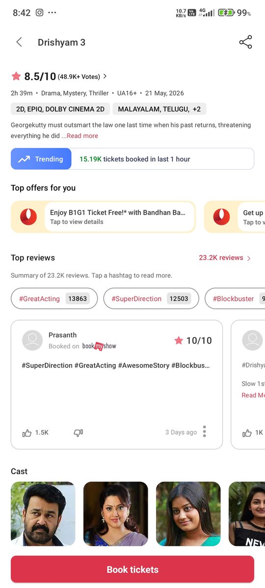 am_Chekuthan_'s tweet photo. നാളെ Working day ആയിട്ടു കൂടി മണിക്കൂർ 15K ബുക്കിങ് വച്ച് പോകുന്നു.. അതും കേരള ആൾറെഡി 3.50 cr presale വന്നിട്ട് കൂടി 🙏🔥💥

15.19K Ticket Booked in last 1 hr 📈🔥

#Mohanlal https://t.co/h3v2v5cYoY