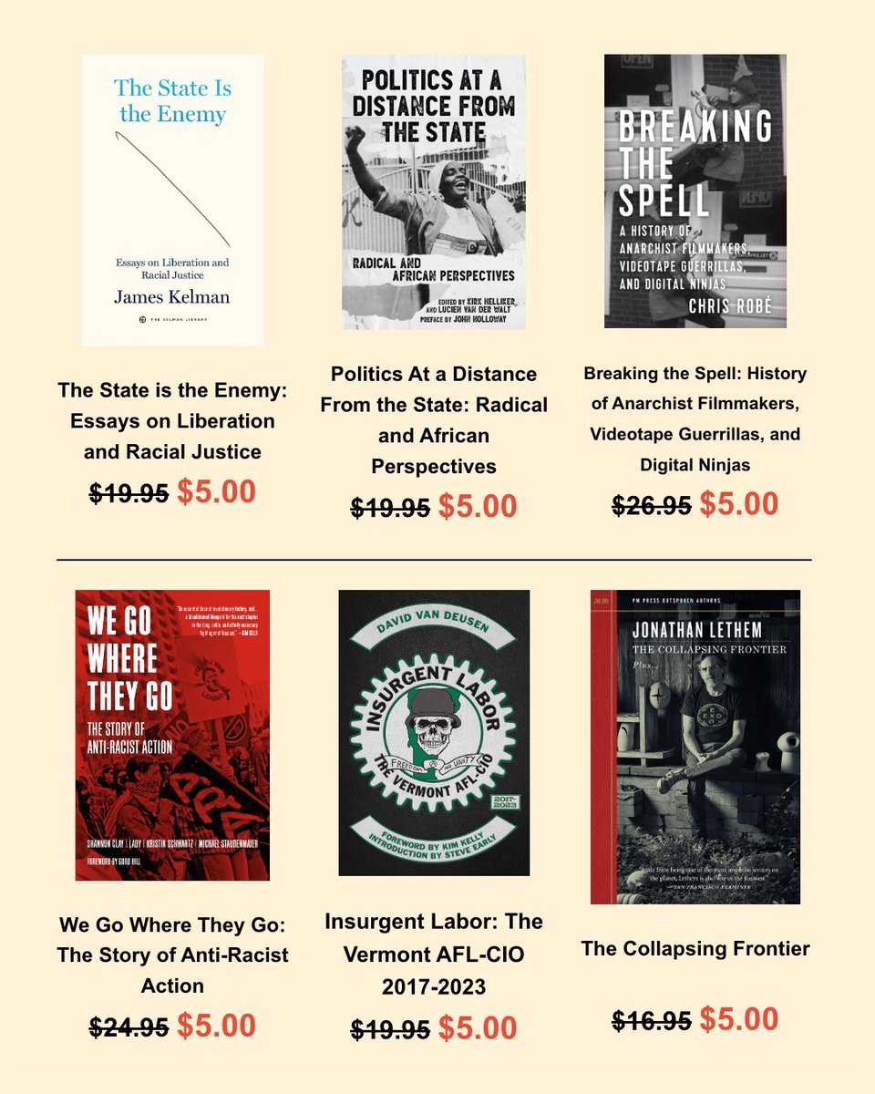 PMPressOrg's tweet photo. Today is the last day for this weekend’s $5 books! Get these titles for just $5, no code required - today and tomorrow only. A portion of our sales from this weekend will be donated to our comrades at Black Rose Anarchist Federation. 
https://t.co/emZttzVc8w https://t.co/KHm22pQlbT