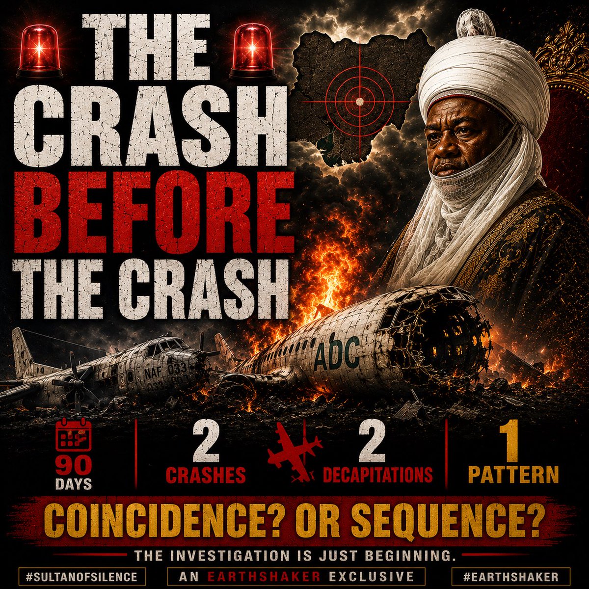 MikeArnoldTruth's tweet photo. 🚨 THE CRASH BEFORE THE CRASH 🚨

Two suspicious plane crashes in Nigeria, ninety days apart in 2006 during the war on terror, transformed the shape of Nigerian politics and global Islamic jihad — and set the stage for today’s genocide.

Earlier I reported about the crash of ADC Flight 53 that killed Sultan Muhammadu Maccido, his son and heir apparent, and his grandson — and elevated Brigadier General Muhammad Sa’ad Abubakar to Caliph. Thanks to insightful comments from my amazing followers, several new pieces have come to light, which I have been able to validate.

🔥🔥The airport radar was turned off during the takeoff. The Aviation Minister blamed the pilot publicly within 24 hours, before any forensic investigation. ADC Airlines was shut down by the government shortly after.🔥🔥

Sultan Maccido had spent that morning meeting with President Olusegun Obasanjo in Abuja. The substance of that meeting is not in the public record.

Sultan Maccido was a documented moderate. A 2001 U.S. diplomatic cable from Ambassador Howard Jeter recorded him partnering with American forces on counter-terrorism training and stating he did not want Christians to feel threatened by Sharia. Obasanjo was a Christian Yoruba southerner whose attempt at a constitutional amendment for a third term had been blocked by the Senate in May 2006, just five months earlier, with strong opposition from the northern political establishment. He had personally established a presidential committee to restructure the senior officer corps of the Nigerian Army. The 2007 presidential succession was the central political question in Nigeria.

Senator Badamasi Maccido — the Sultan’s son and heir apparent — was, at the time of his death, under criminal indictment for accepting a ₦55 million bribe from the Education Ministry. The case was posthumously quashed in 2010.

🚨🚨Now let’s look at the other history-changing plane crash. 🚨🚨

Six weeks before ADC Flight 53 went down in Abuja, another aircraft went down in Nigeria. On September 17, 2006, a Nigerian Air Force Dornier 228 transport — NAF 033 — crashed into hills near Vandekiya, Benue State. Eighteen souls on board. Thirteen dead. Ten of them were army generals.

They were members of the same presidential committee Obasanjo had personally established to reposition the army. They were flying to a retreat at Obudu Cattle Ranch in Cross River State.

Obasanjo had personally established a presidential committee to reshape the senior officer corps — part of his broader effort to professionalize the Nigerian military, address corruption, and consolidate civilian control before leaving office. The committee’s mandate placed him in direct tension with the politicized northern officer networks that had dominated the military for decades.

Ten generals. Gone in one event. The official cause: poor weather and pilot descent into hilly terrain.

Six weeks later, ADC Flight 53 took out Nigeria’s Muslim spiritual leadership and the political-religious leadership of Sokoto State.

👉🏾 In ninety days in 2006, Nigeria lost the senior officer corps of its army and the head of its canonical Sunni caliphate. Both crashes were officially ruled accidents. Both produced succession outcomes that benefited specific institutional actors. Neither was seriously investigated.

The senior army positions that opened up in September were filled across the next decade by northern Muslim officers — the foundation Buhari would later complete starting in 2015.

The throne that opened up in October was filled by a Brigadier General just back from every active jihadi theater on earth.

Ninety days. Two crashes. Two decapitations. One pattern.

Coincidence? Or sequence?

The investigation is just beginning.

#sultanofsilence

#earthshaker