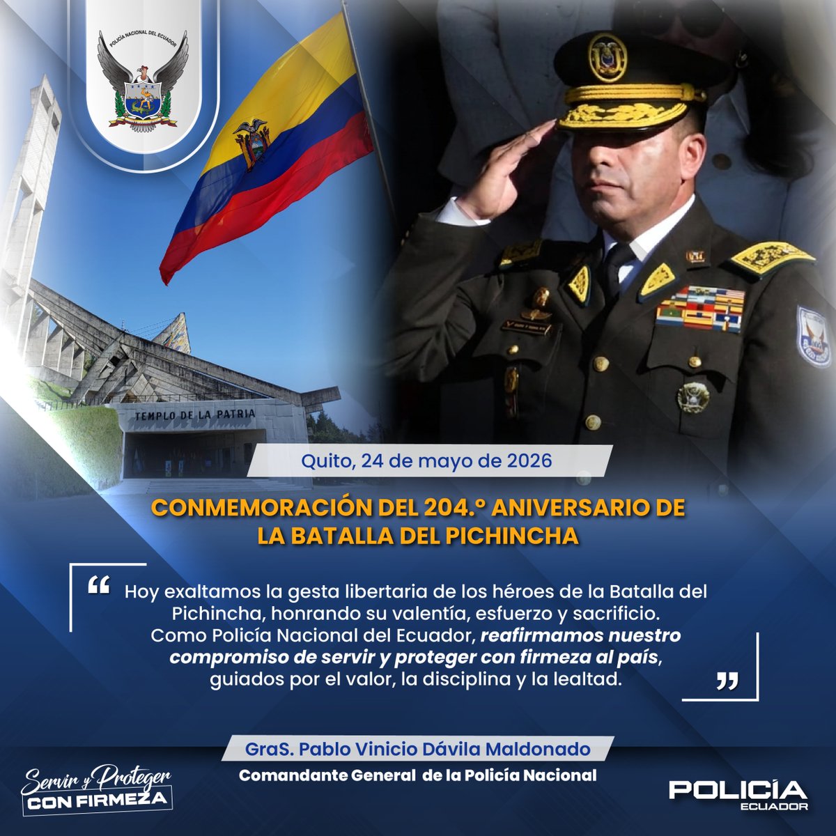 CmdtPoliciaEc's tweet photo. 📍 Quito ||  Esta mañana, en la Cima de La Libertad honramos a los héroes de la #BatallaDelPichincha, cuyo legado histórico permanece y nos guía para #ServirYProtegerConFirmeza a nuestro Ecuador. https://t.co/c0EcfGuuRq
