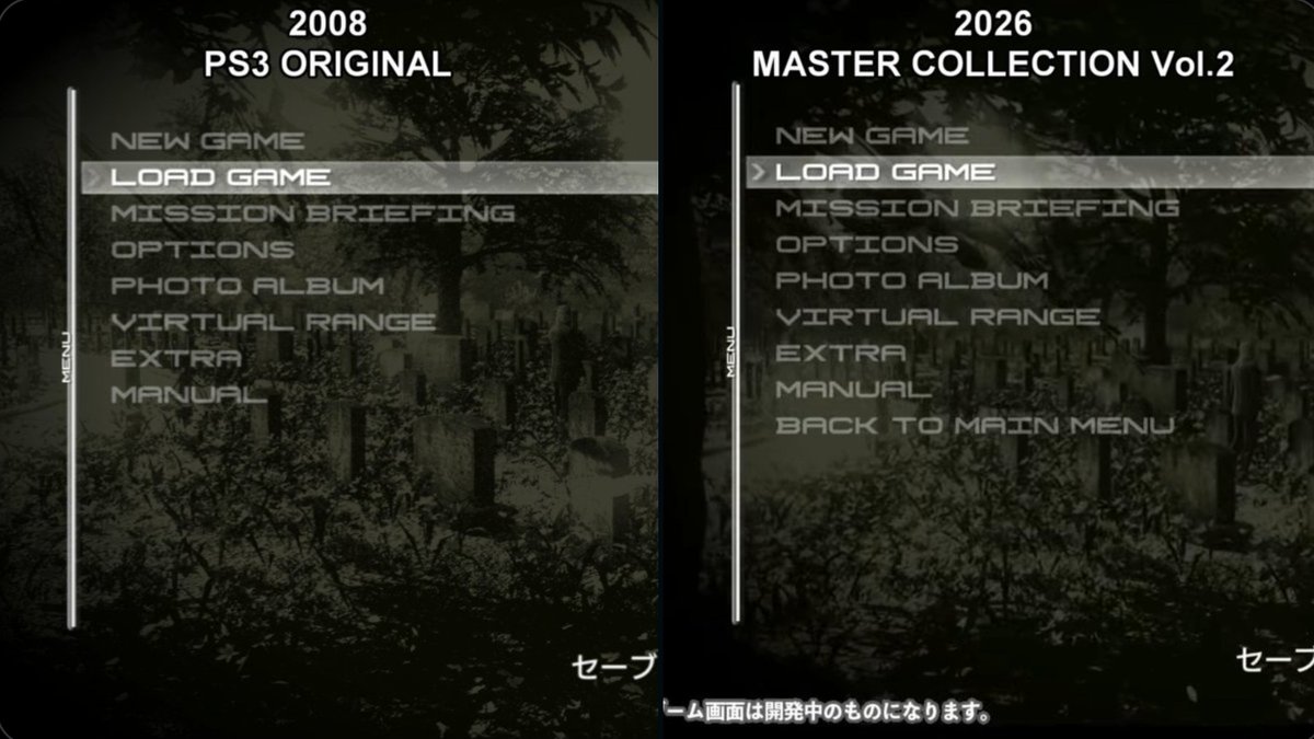 MGSMGN's tweet photo. News 🚨 In case you missed it, here are some key takeaways from the “Washagana TV” hands-on stream featuring a new build of Metal Gear Solid 4: Guns of the Patriots.

Link to stream in the reply below:

✅ Licensing concerns
As I suspected, the licensing situation appears to be largely resolved (so far). The Apple iPod was clearly visible throughout the stream and shown multiple times. Konami seems to have worked through a major licensing hurdle, though there may still be a few minor compromises here and there.

✅ Gameplay performance
The stream showed the game running at a smooth, locked 60fps, including during cutscenes, which is something we’ve never seen before with MGS4. No hitching or stuttering was noticeable, and overall performance looked nice. Textures also appeared clean and crisp from what could be seen. It’s unclear how the upscaling is being handled, though the stream itself was only shown in 1080p rather than 4K, so keep that in mind. Hopefully the visual quality and performance hold up just as well at 4K in the final build.

✅ Small changes and updates
A few smaller details were also spotted by @HEITAIs (of course), including the removal of a now irrelevant URL listing on the Cardboard Box and a slight main menu update with the addition of a “BACK TO MAIN MENU” option. The save state function also looks a bit different, along with a few other subtle tweaks. As release gets closer and we see more footage, I’m sure more small changes will be noticed, though most of them seem sensible and don’t take away from the core experience.

So far, so good. The stream itself was pretty short only lasting about an hour, so there wasn’t a ton of new footage to analyze, but with less than 100 days until release, there’s still plenty of time for Konami to show more of this hopefully improved re-release.

Be sure to check out @HEITAIs’ account for even more small details. Most of the screenshots I used came from him, and I’m sure he’ll continue combing through the footage frame by frame to spot every little difference.