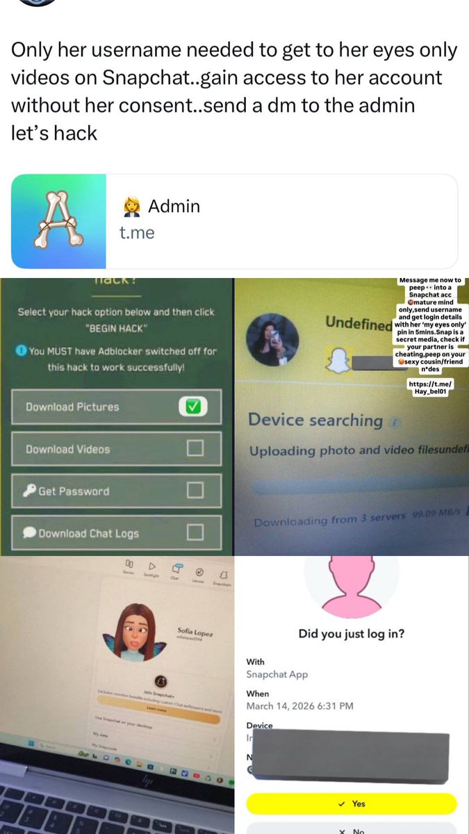 thehackerr1X's tweet photo. #snaphack #hacksnap #snapchathacking #snapchat #snapdragon #snapchathack #snapchathacker #hack 
#snaphacktool  https://t.co/0JO1pl7UwZ 
Get into anybody’s Snapchat with my Hack. Come into my DM let hack the account and the My Eyes Only passcode for you. https://t.co/NM934Co7BF